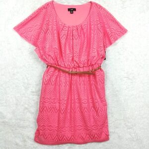 AGB Womens Shift Dress Lace Coral Pink Belted Batwing Geometric‎ 10 New